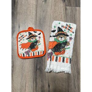 Vintage Halloween Witch Bear Riding on Broomstick Pot Holder & Towel Set Stains